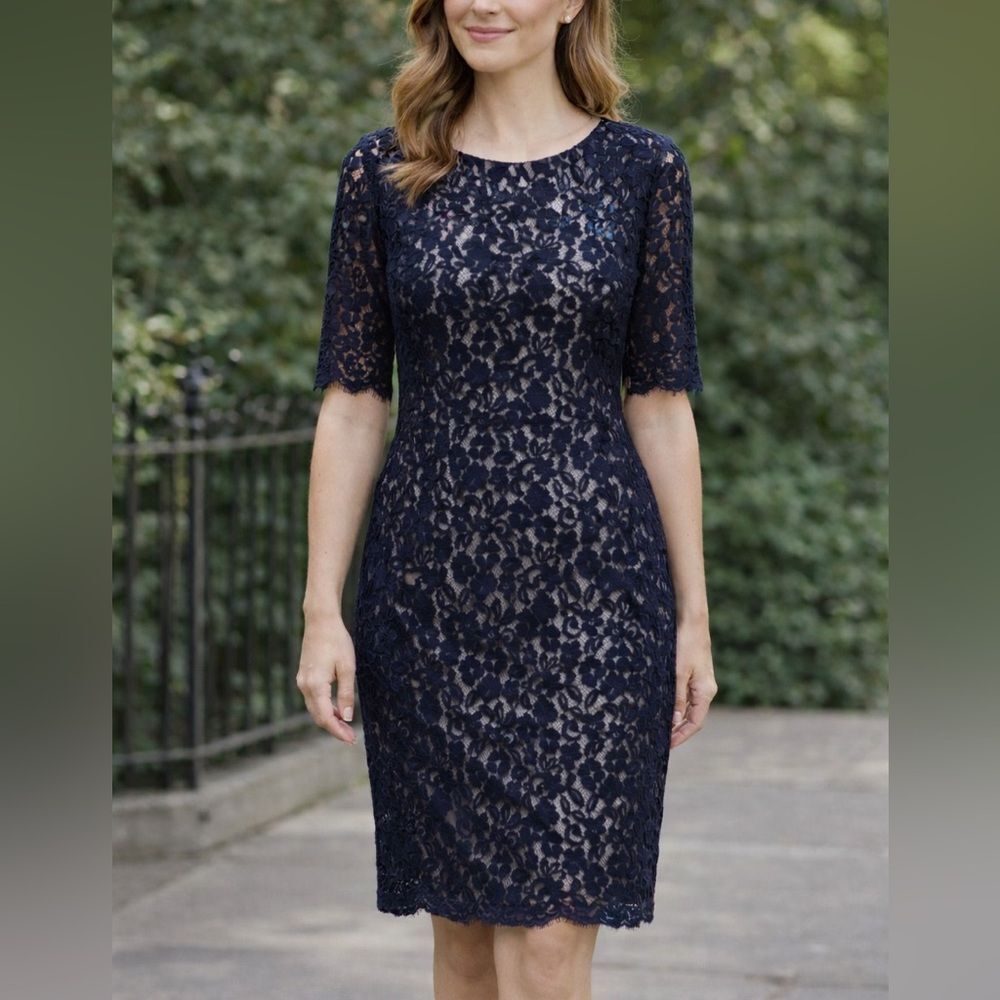 LK Bennett | 6 | Lavinie navy Floral Lace Overlay sheath Dress